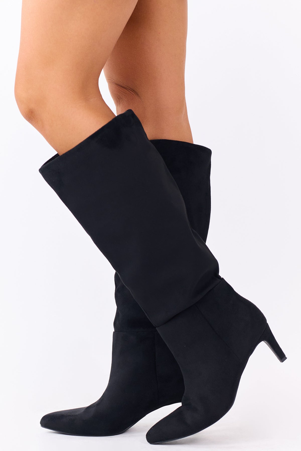 Black Faux Suede Pointed Toe Heeled Tall Boots