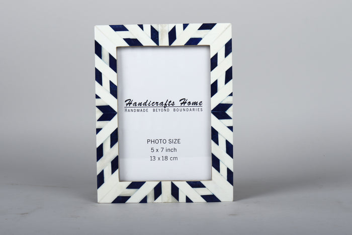 Handmade Blue White Picture Frame - Coastal Chevron Bone Inlay - 4x6 5x7, for tabletop or wall display