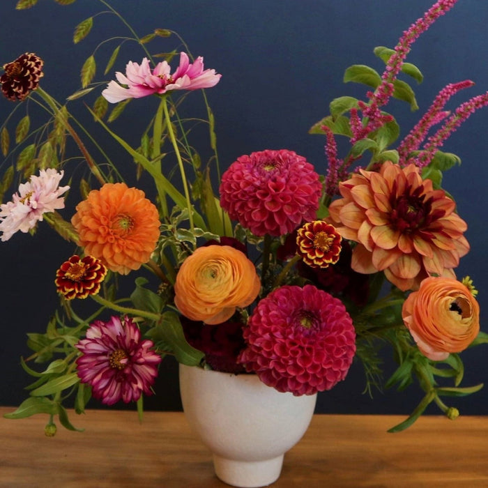 Bountiful | Stacy K Floral | A fresh floral arrangement with bright pinks, and peaches. Florals show include dahlias, and ranunculus in a white pot. Photo taken against a dark blue background.