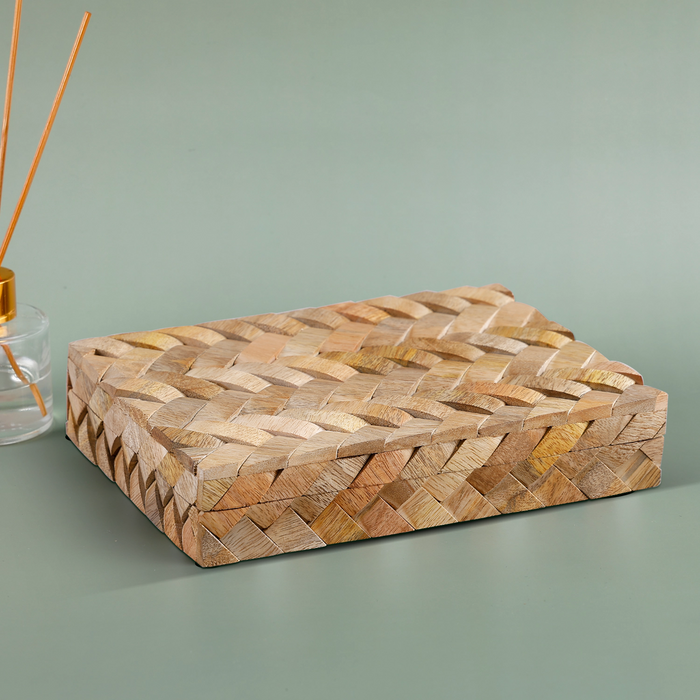 Braided Wooden Decorative Storage Box, Brown, 8 x 6 x 1.5 inches