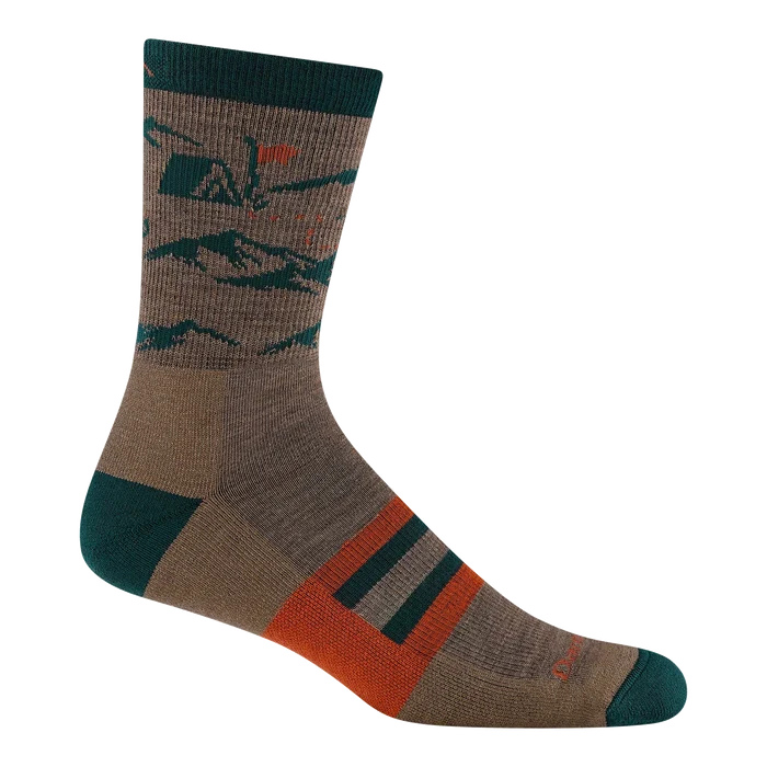 A single crew sock with a brown and dark green mountain pattern, featuring orange and dark green accents on the heel, toe, and sole.