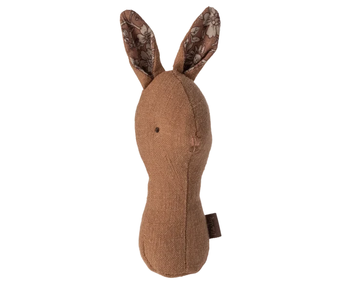 Maileg Lullaby Friends Bunny Rattle in Chocolate on a white background — a soft warm brown linen bunny rattle with upright floral-lined ears and an ergonomic handle shape