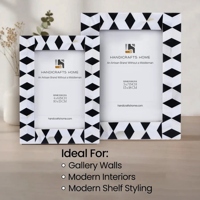 Picture Frame Diamond Mosaic Collection Mother of Pearl & Resin Inlay Black & White – 4x6 & 5x7"