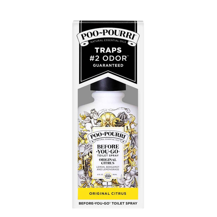 Poo~Pourri Original Citrus Toilet Spray 4oz.: Lemon + Bergamot + Lemongrass | A white, black, and yellow package.