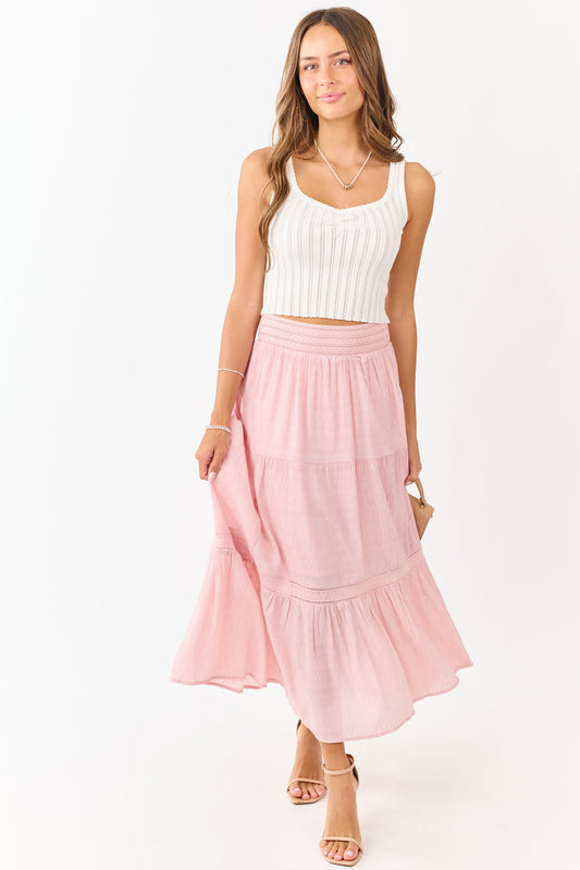 Baby Pink Tiered Smocked Waistband Midi Skirt