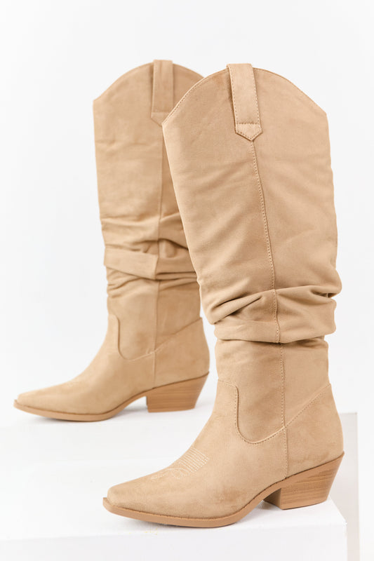 Beige Microsuede Western Style Slouch Tall Boots