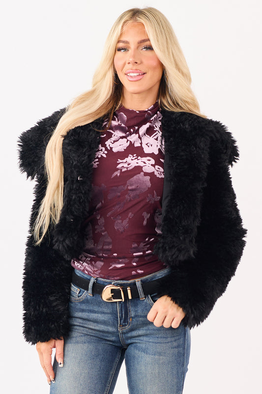Black Faux Fur Cropped Collared Button Down Jacket