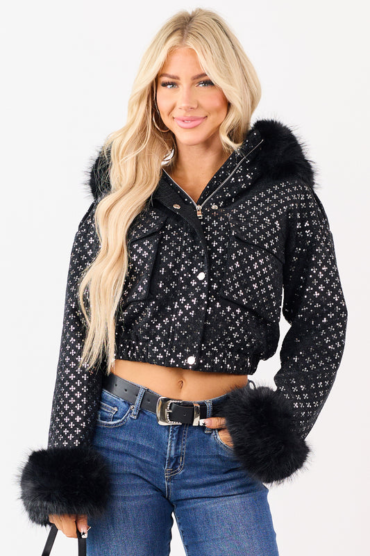 Black Faux Fur Trim Sequin Hooded Bomber Jacket