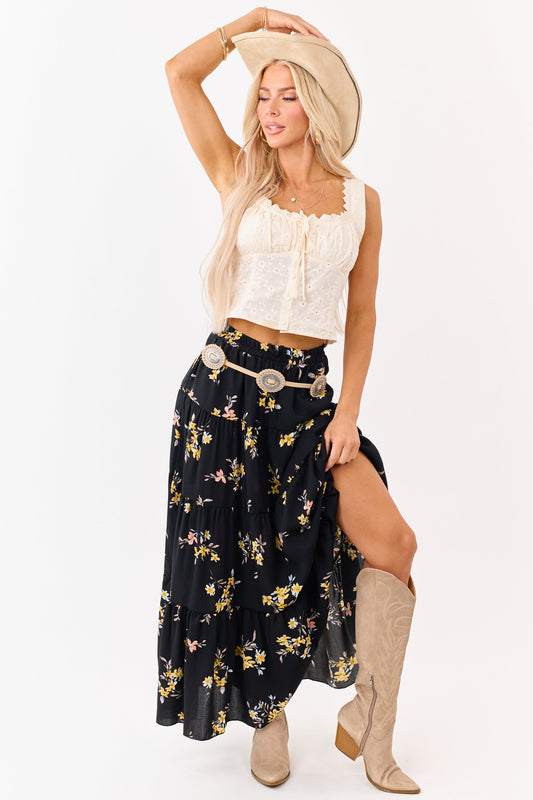 Black Floral Print Elastic Waist Tiered Maxi Skirt