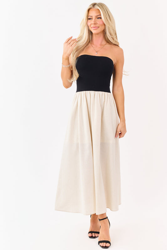 Black and Almond Colorblock Strapless Midi Dress