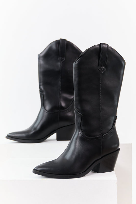 Black Faux Leather Western Style Tall Boots