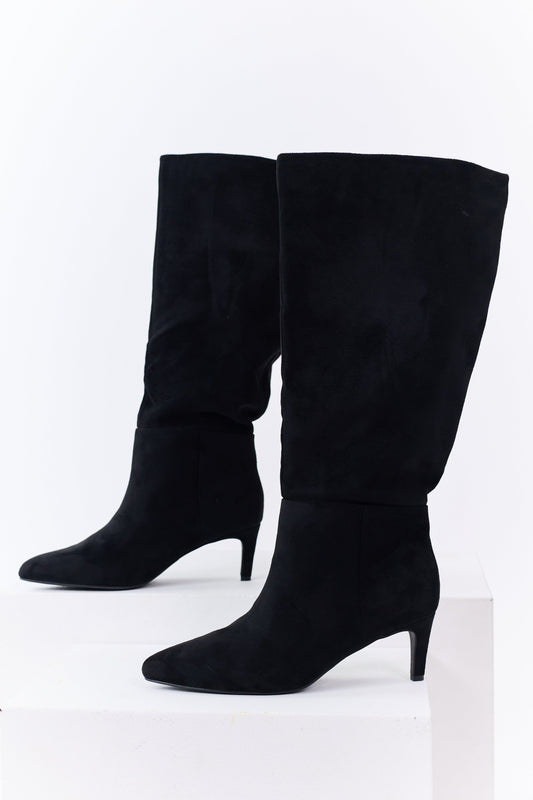 Black Faux Suede Pointed Toe Heeled Tall Boots