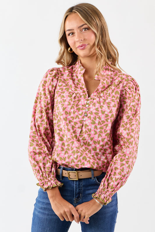 Bubblegum Cotton Floral Ruffle Trim Long Sleeve Top