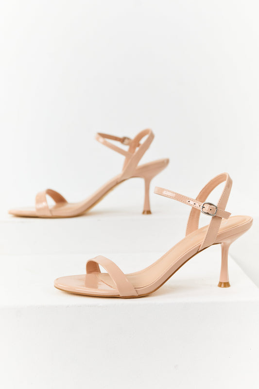 Champagne Patent Faux Leather Ankle Strap Heels