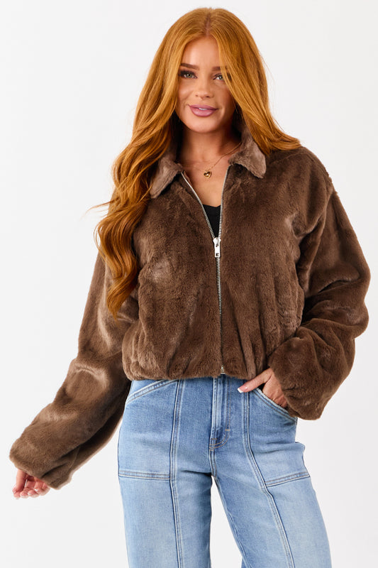 Coffee Faux Fur Collared Zip Up Jacket with Pockets
