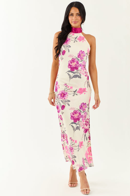 Cream Floral Satin Halter Neck Side Slit Maxi Dress
