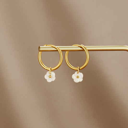 White Petal Shell Hoop Earrings