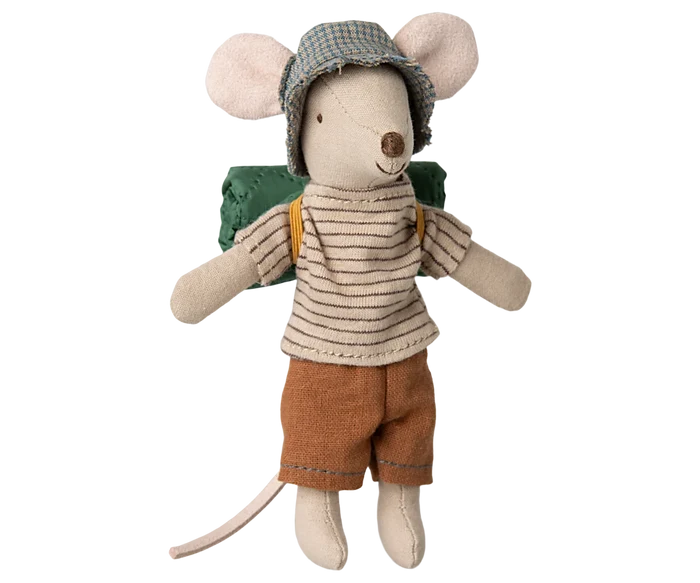 Maileg Big Brother Hiker Mouse — cotton mouse doll wearing a striped knit top, rust-orange shorts, grey tweed bucket hat, and a rolled green sleeping bag on his back