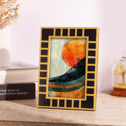 Handmade Black White Aztec Geometric Wood Resin Picture Frame 4x6 5x7, for tabletop or wall display