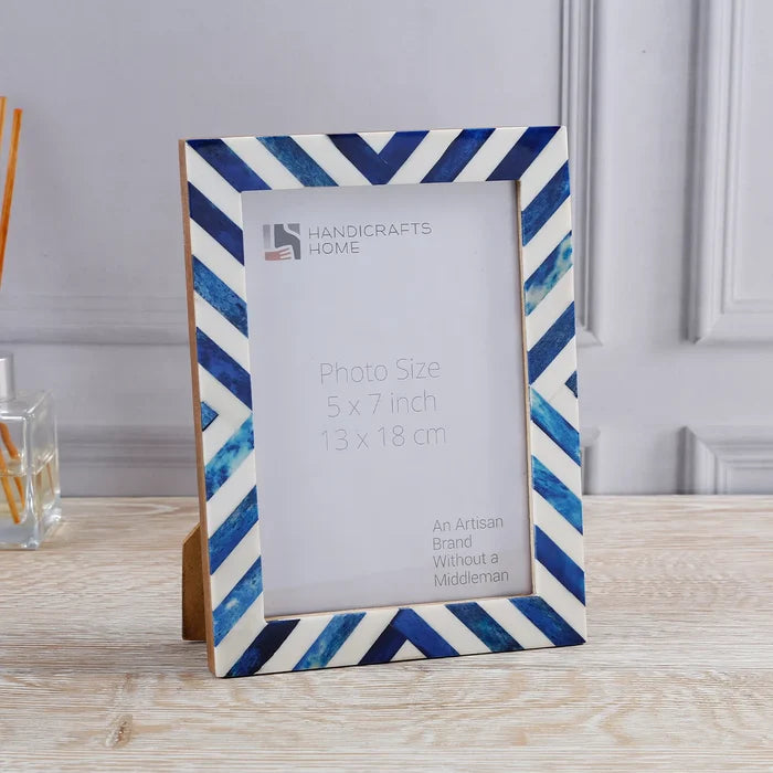 Handmade Blue White Chevron Bone Inlay Picture Frame 4x6 5x7 8x10, for tabletop or wall display