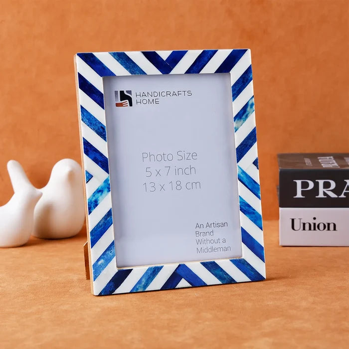 Handmade Blue White Chevron Bone Inlay Picture Frame 4x6 5x7 8x10, for tabletop or wall display