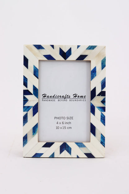 Handmade Blue White Picture Frame - Coastal Chevron Bone Inlay - 4x6 5x7, for tabletop or wall display