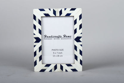 Handmade Blue White Picture Frame - Coastal Chevron Bone Inlay - 4x6 5x7, for tabletop or wall display
