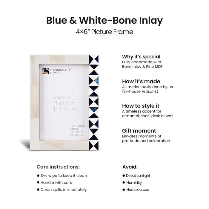 Handmade Blue White Picture Frame - Indigo Mosaic Bone Inlay - 4x6 5x7, for tabletop or wall display