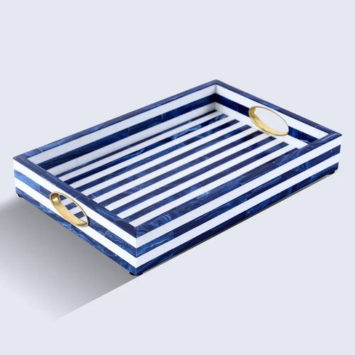Handmade Blue White Resin Inlay Decorative Tray Brass Handle 17x11