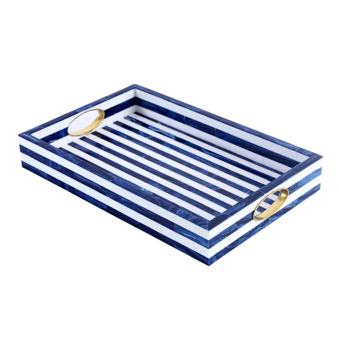 Blue White Resin Inlay Decorative Tray Brass Handle 17x11