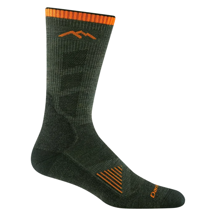 Dark gray green sock with orange accents on a white background