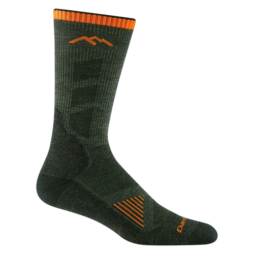 Dark gray green sock with orange accents on a white background