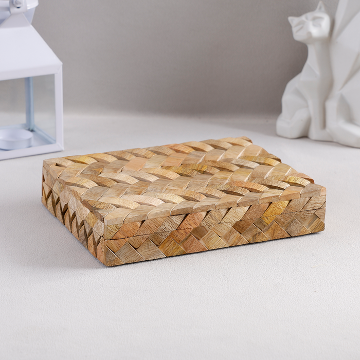 Braided Wooden Decorative Storage Box, Brown, 8 x 6 x 1.5 inches