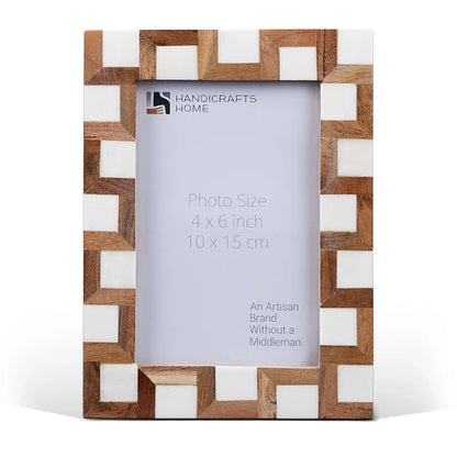 Handmade Brown White Wood & Bone Inlay Interlock Photo Frame, 2 Sizes, for tabletop or wall display