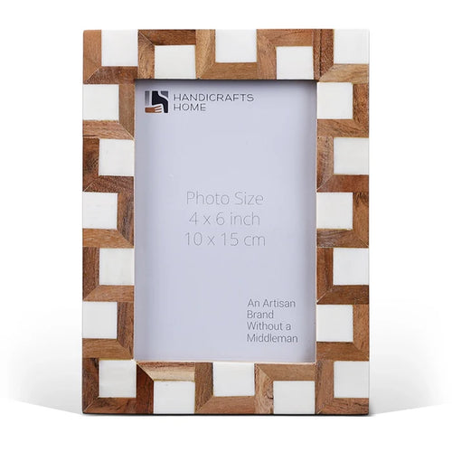 Handmade Brown White Wood & Bone Inlay Interlock Photo Frame, 2 Sizes, for tabletop or wall display