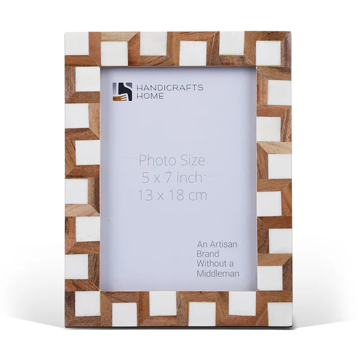 Handmade Brown White Wood & Bone Inlay Interlock Photo Frame, 2 Sizes, for tabletop or wall display