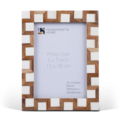 Handmade Brown White Wood & Bone Inlay Interlock Photo Frame, 2 Sizes, for tabletop or wall display