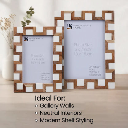Brown White Wood & Bone Inlay Interlock Photo Frame, 2 Sizes