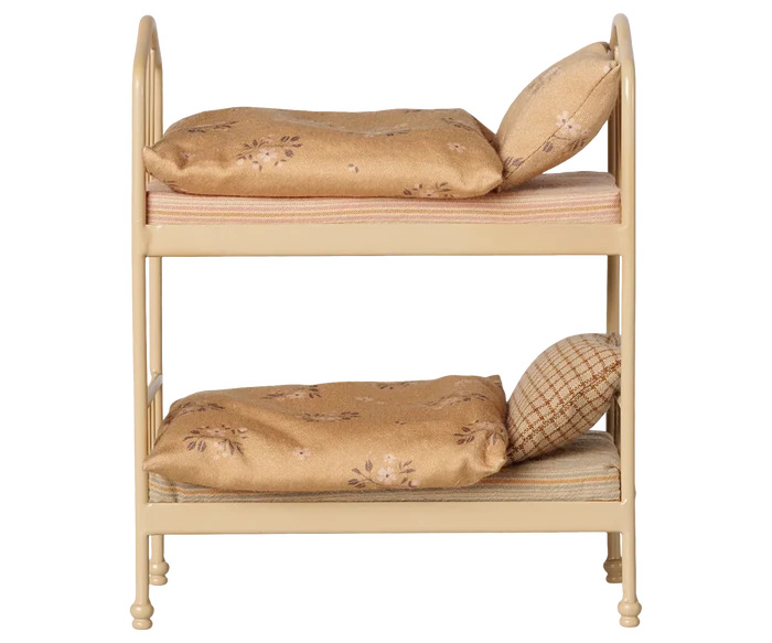 Maileg Bunk Bed in Wheat — front view of miniature metal bunk bed in warm wheat finish with two floral cotton mattresses, two soft blankets, and two pillows — one floral, one gingham check