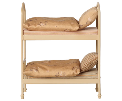 Maileg Bunk Bed in Wheat — front view of miniature metal bunk bed in warm wheat finish with two floral cotton mattresses, two soft blankets, and two pillows — one floral, one gingham check