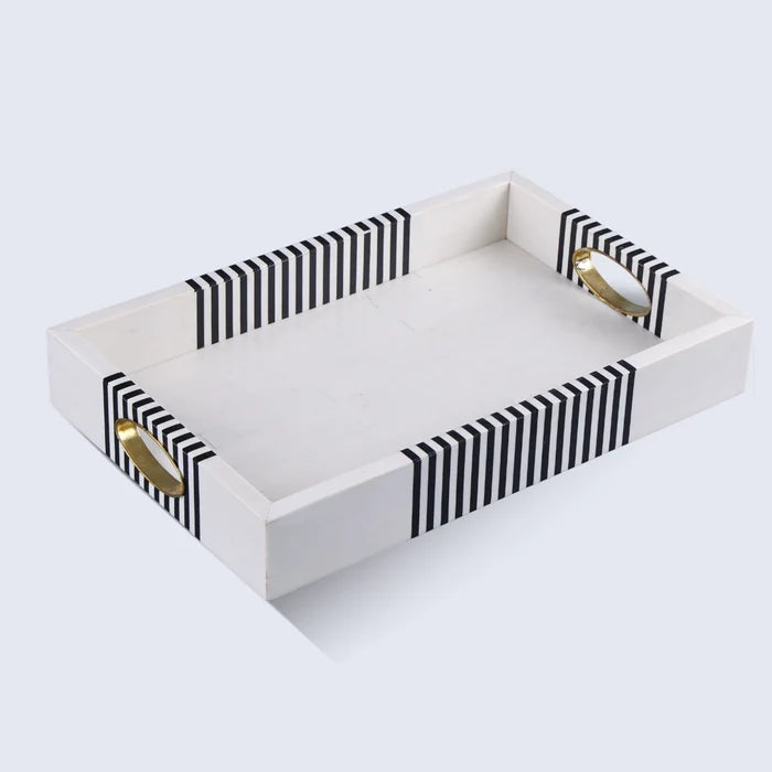 Handmade B&W Resin Brass Inlay Optique Reflect Decorative Tray 11x17