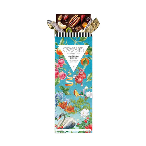 Compartes Chocolate | CALIFORNIA GARDEN Chocolate Bar - Vegan / Gluten Free | A whymsical scene with fruit, birds, and flowers against a sky background.