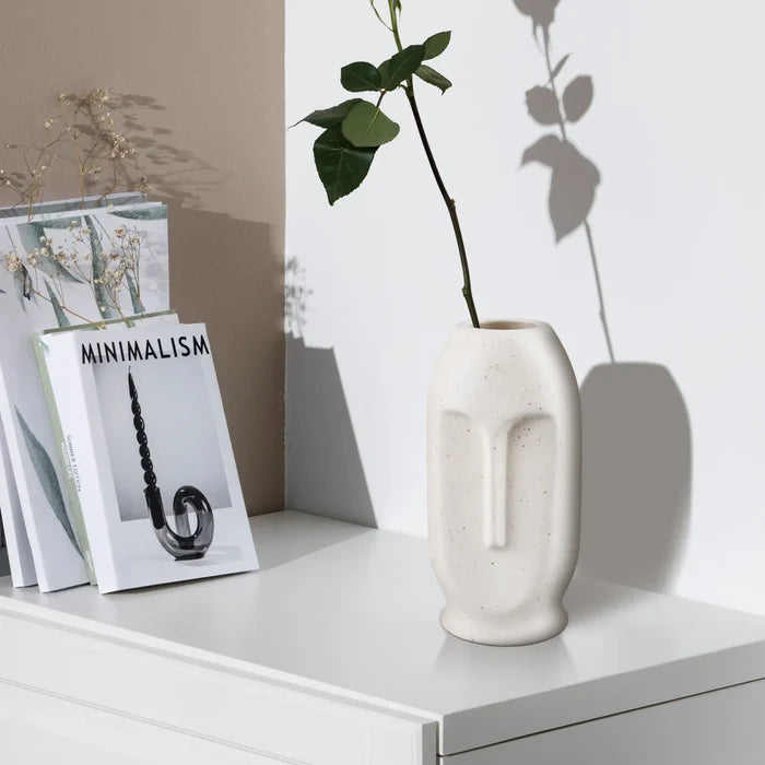 Handmade Ceramic Vase Oval Duo Face Pattern In Cream White Matte, for flowers or display