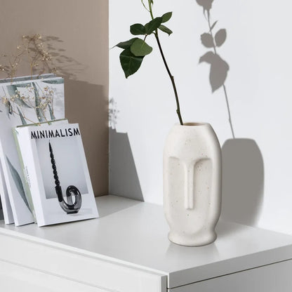 Handmade Ceramic Vase Oval Duo Face Pattern In Cream White Matte, for flowers or display