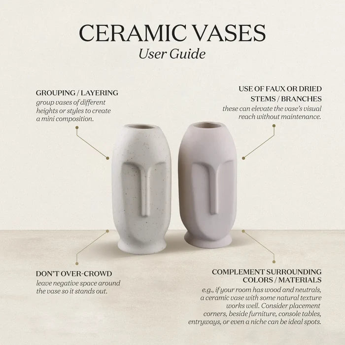 Ceramic Vase Oval Duo Face Pattern In Cream White Matte Set Of 2