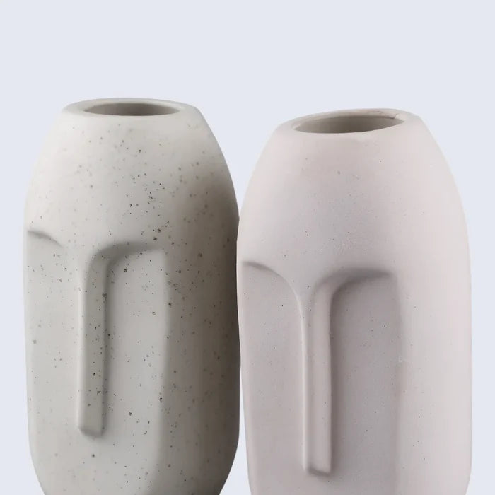 Ceramic Vase Oval Duo Face Pattern In Cream White Matte Set Of 2