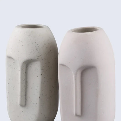 Ceramic Vase Oval Duo Face Pattern In Cream White Matte Set Of 2