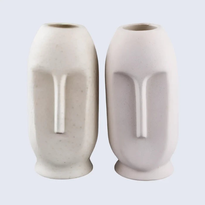 Ceramic Vase Oval Duo Face Pattern In Cream White Matte Set Of 2