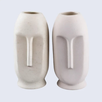 Ceramic Vase Oval Duo Face Pattern In Cream White Matte Set Of 2