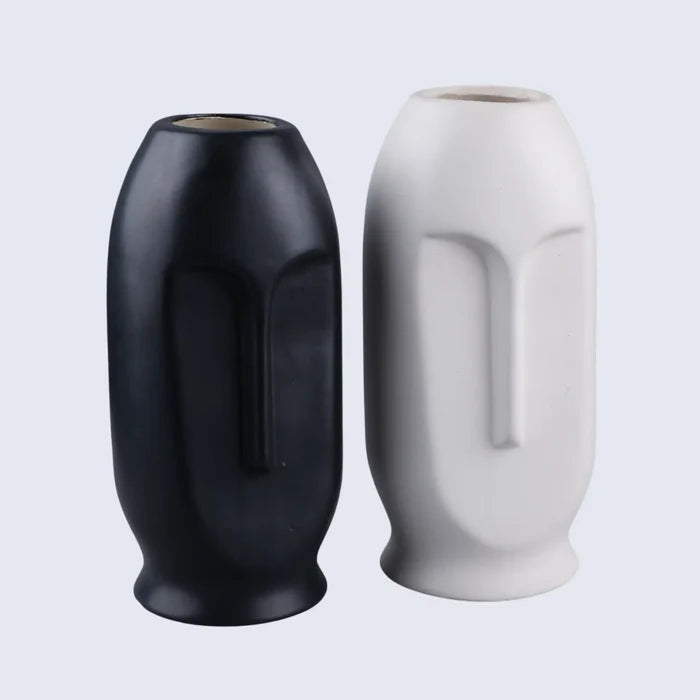Handmade Ceramic Vase Oval Duo Face Pattern – Matte White & Black, for flowers or display
